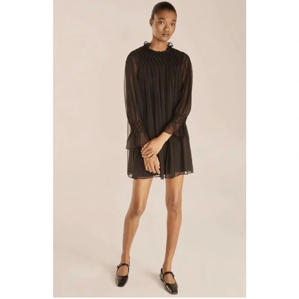 Rebecca Taylor Diamond Smocked Mock Neck Dress Black Long Sleeves NEW Small